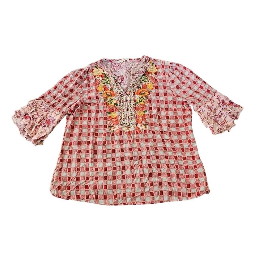 Solitaire Embroidered Peasant Blouse Women XL Red Pink Floral Ruffle Top Boho